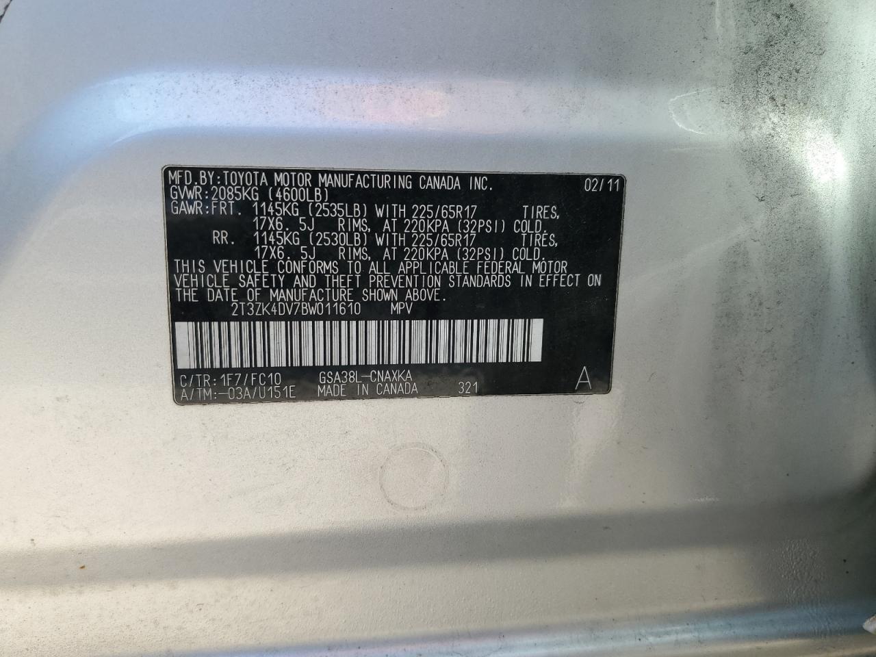 2011 Toyota RAV 4 VIN 2T3ZK4DV7BW011610 Copart auction photo, front end damage thumbnail 13