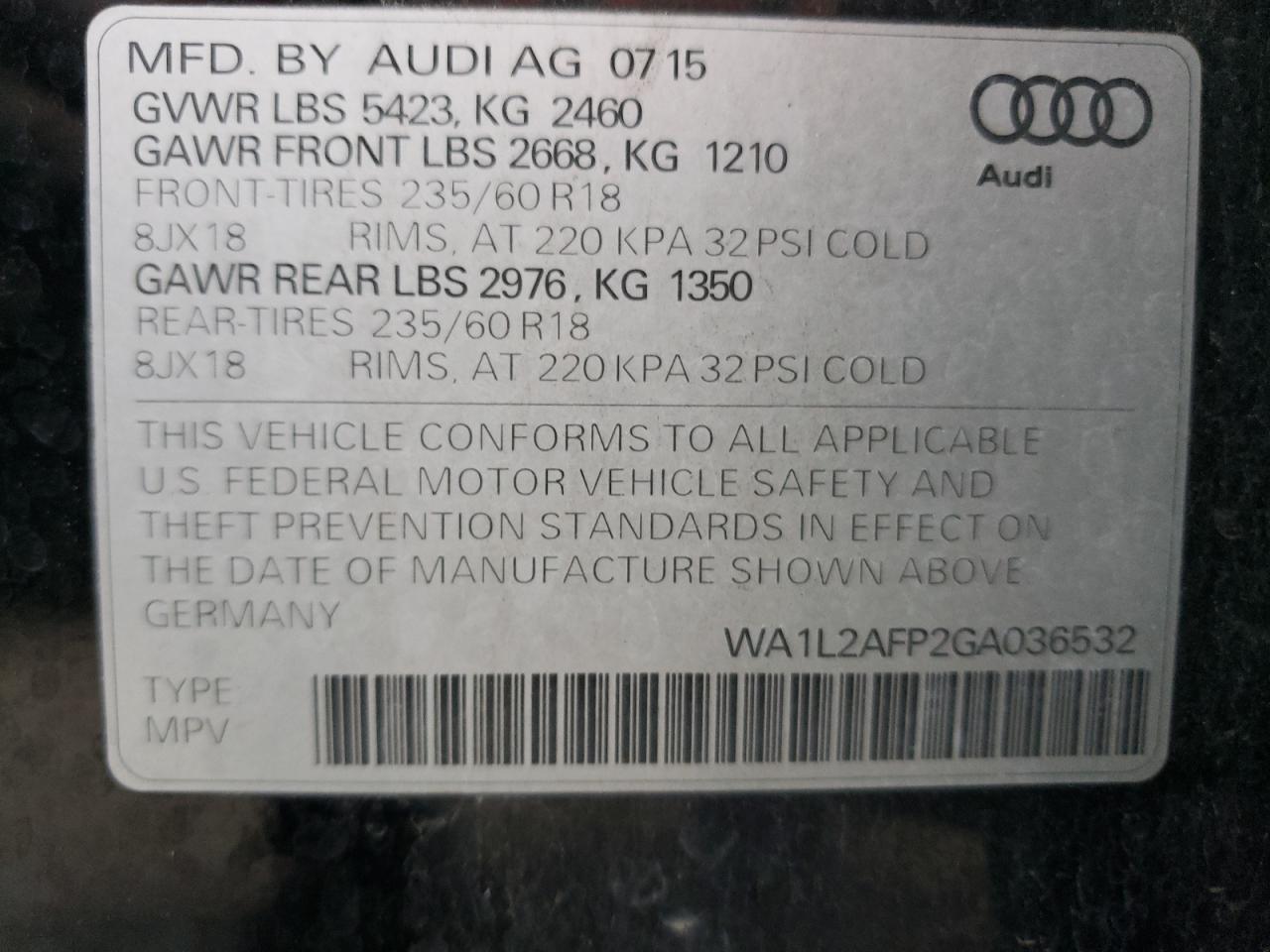 2016 Audi Q5 VIN WA1L2AFP2GA036532 Copart auction photo, mechanical / minor dent/scratches damage thumbnail 13
