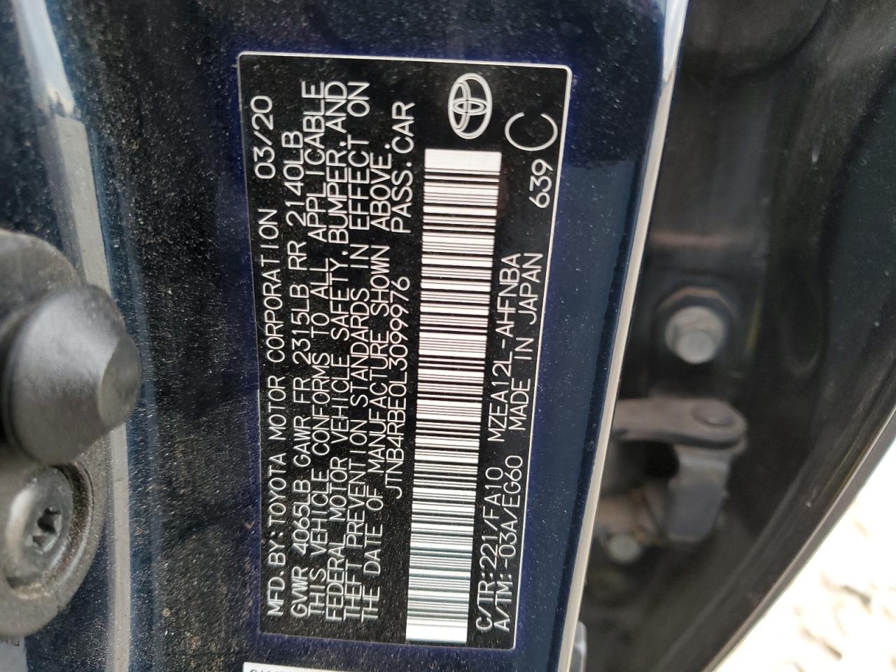 2020 Toyota Corolla VIN JTNB4RBE0L3099976 Copart auction photo, front end damage thumbnail 12