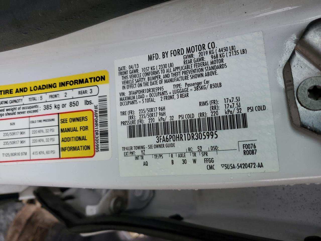 2013 Ford Fusion VIN 3FA6P0HR1DR305995 Copart auction photo, burn damage thumbnail 12
