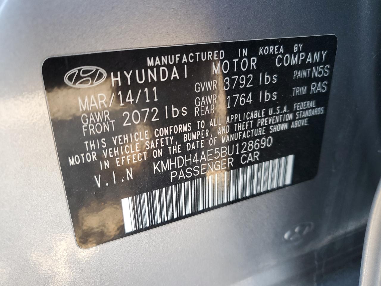 2011 Hyundai Elantra VIN KMHDH4AE5BU128690 Copart auction photo, all over damage thumbnail 14