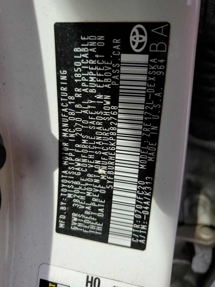 2019 Toyota Corolla VIN 5YFBURHE6KP882768 Copart auction photo, front end damage thumbnail 14