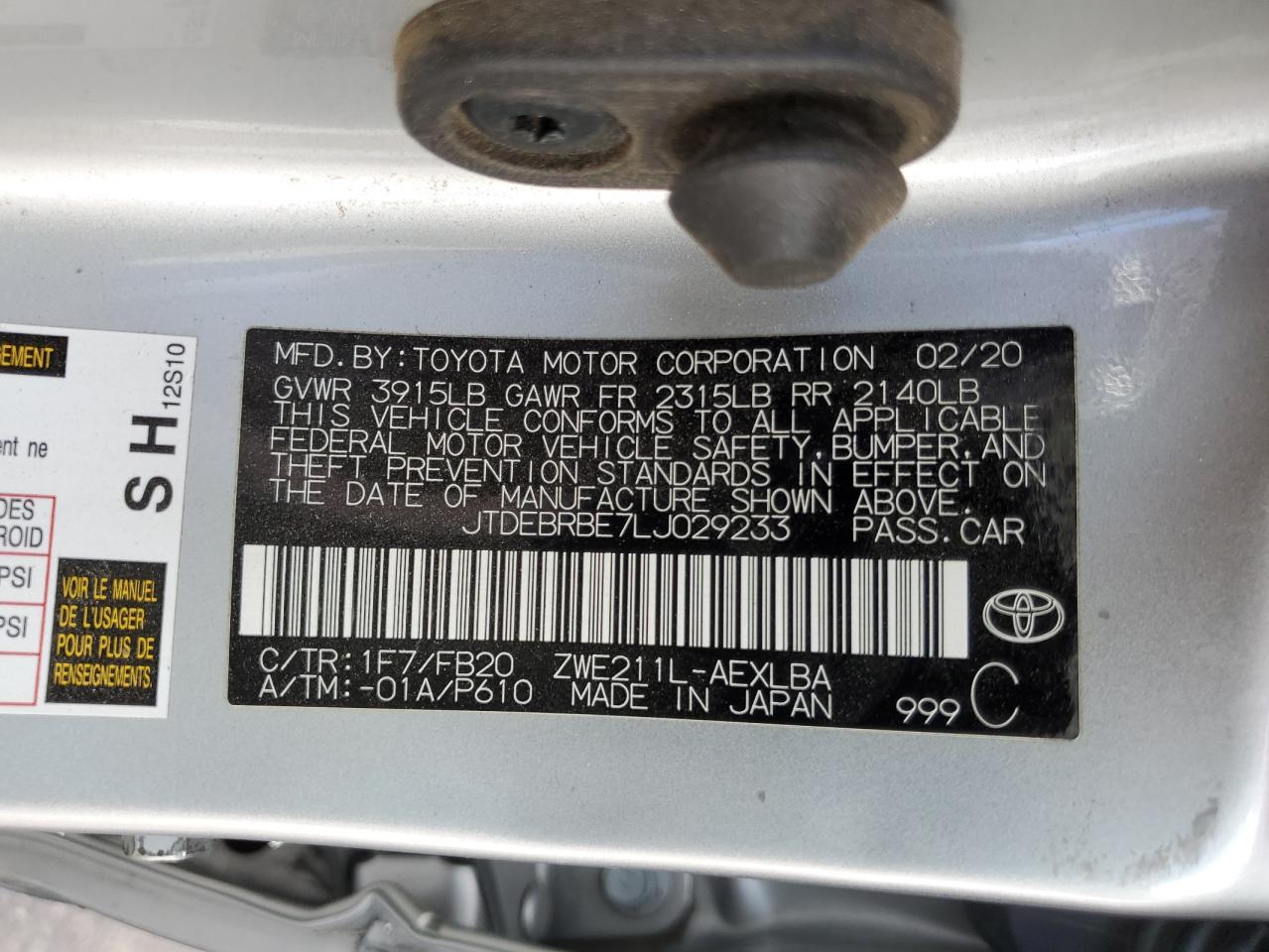 2020 Toyota Corolla VIN JTDEBRBE7LJ029233 Copart auction photo, side / front end damage thumbnail 13