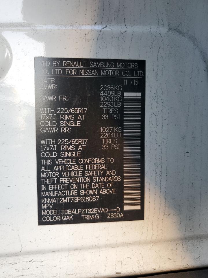 2016 Nissan Rogue VIN KNMAT2MT7GP618087 Copart auction photo, front end damage thumbnail 14