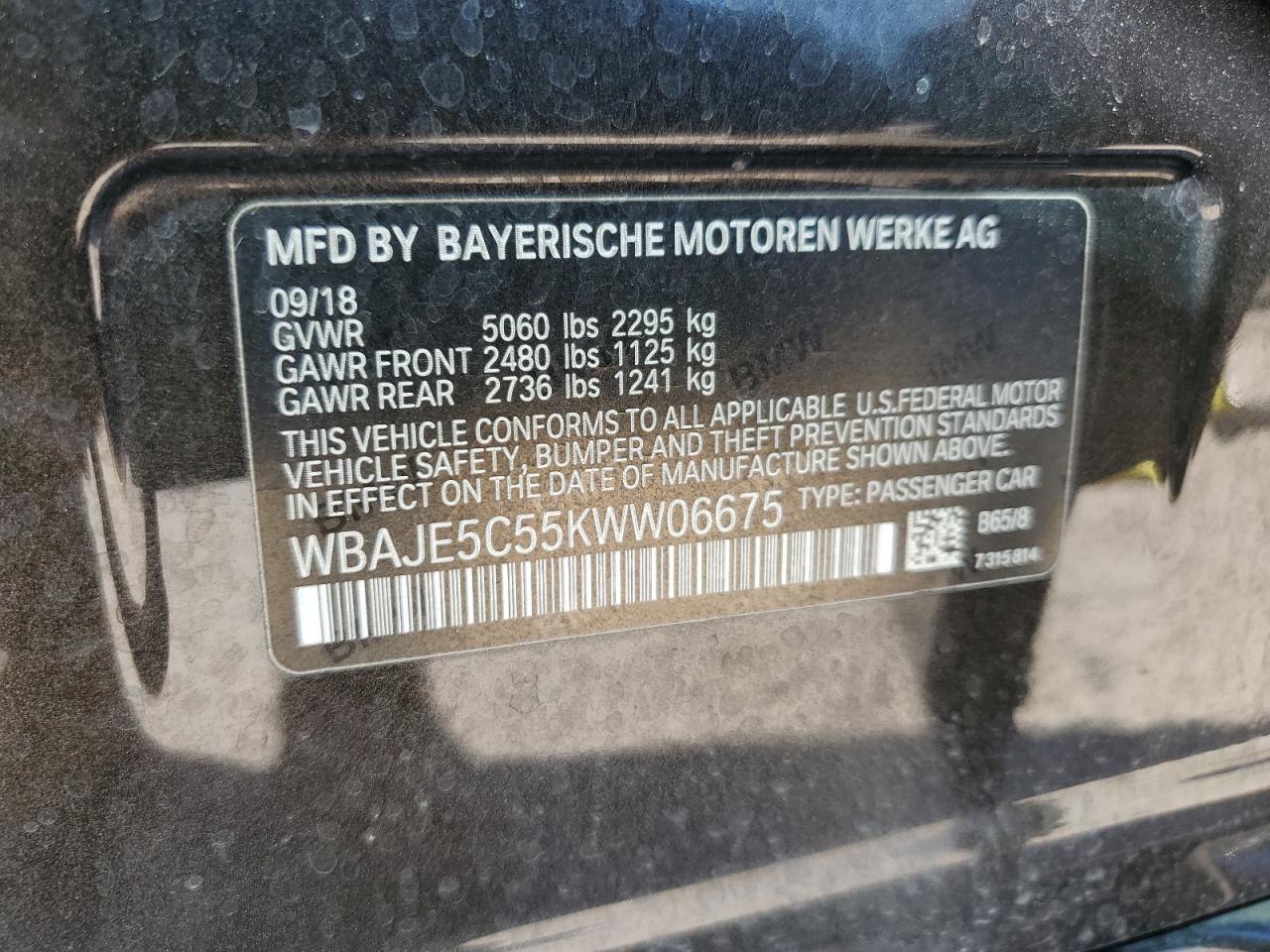 2019 BMW 5er VIN WBAJE5C55KWW06675 Copart auction photo, front end damage thumbnail 14