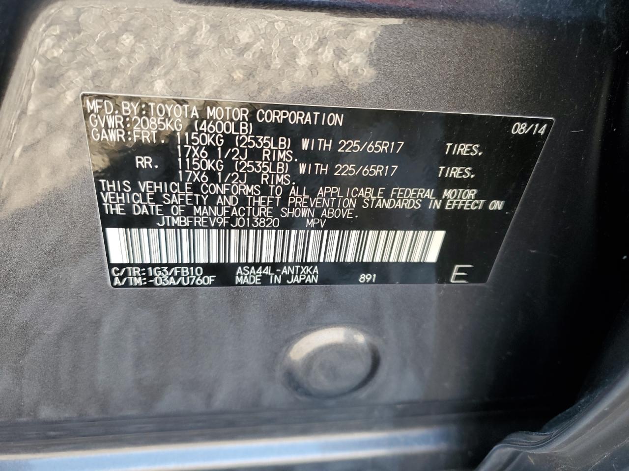 2015 Toyota RAV 4 VIN JTMBFREV9FJ013820 Copart auction photo, front end damage thumbnail 13