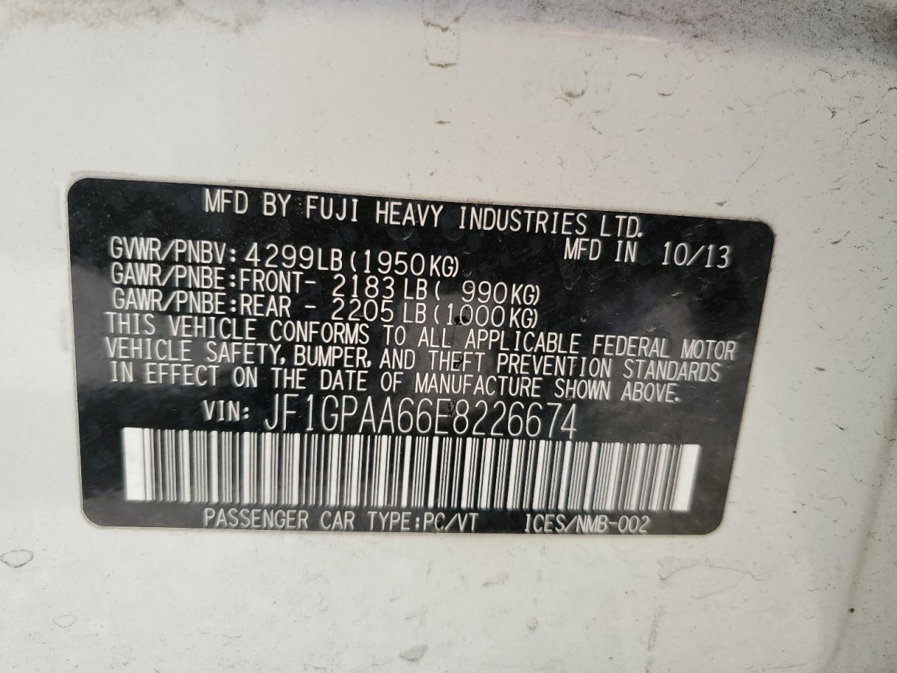 2014 Subaru Impreza VIN JF1GPAA66E8226674 Copart auction photo, mechanical / front end damage thumbnail 12