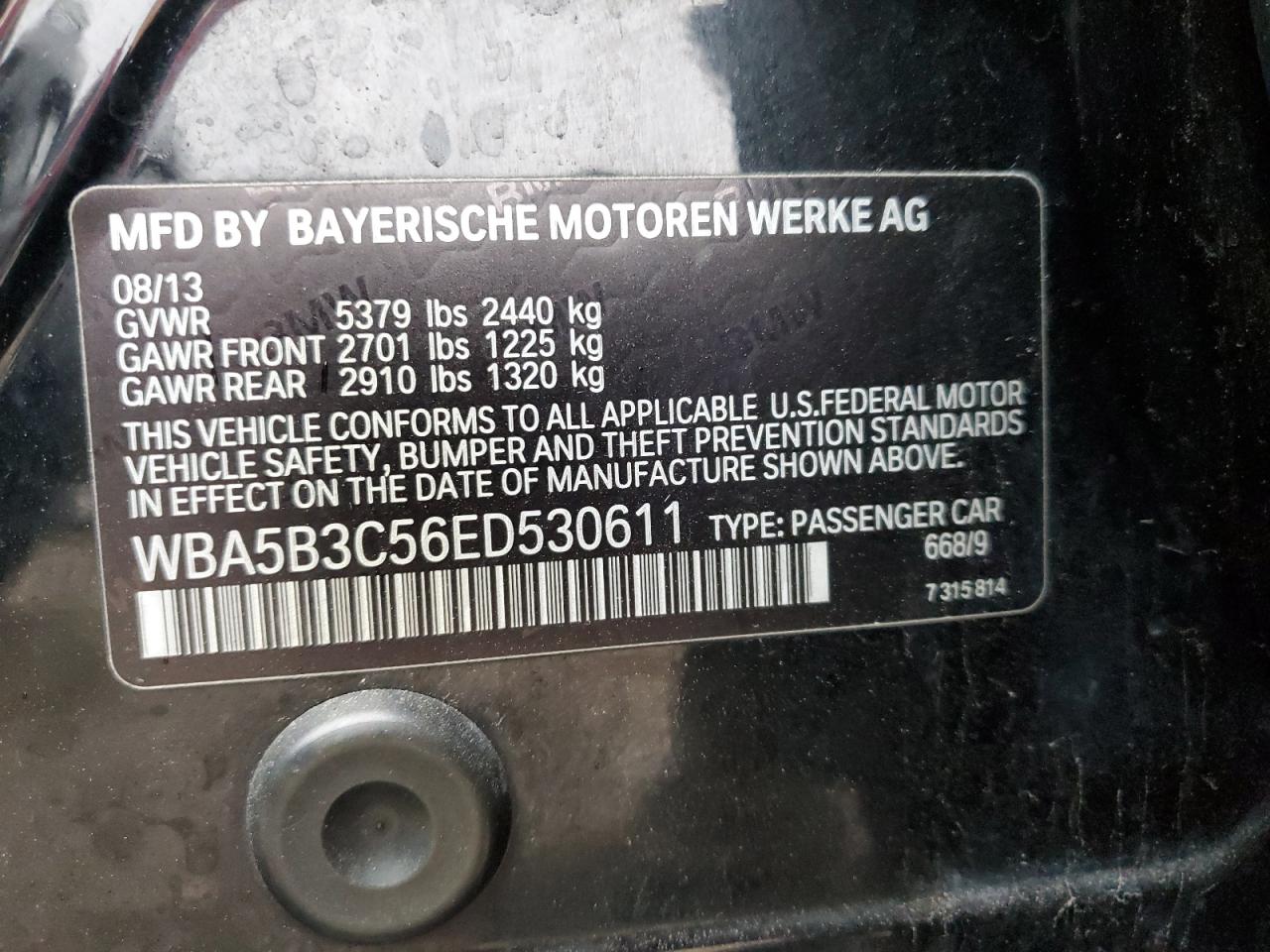 2014 BMW 5er VIN WBA5B3C56ED530611 Copart auction photo, hail damage thumbnail 12