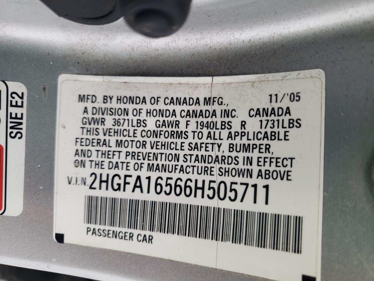 2006 Honda Civic VIN 2HGFA16566H505711 Copart auction photo, rear end damage thumbnail 12