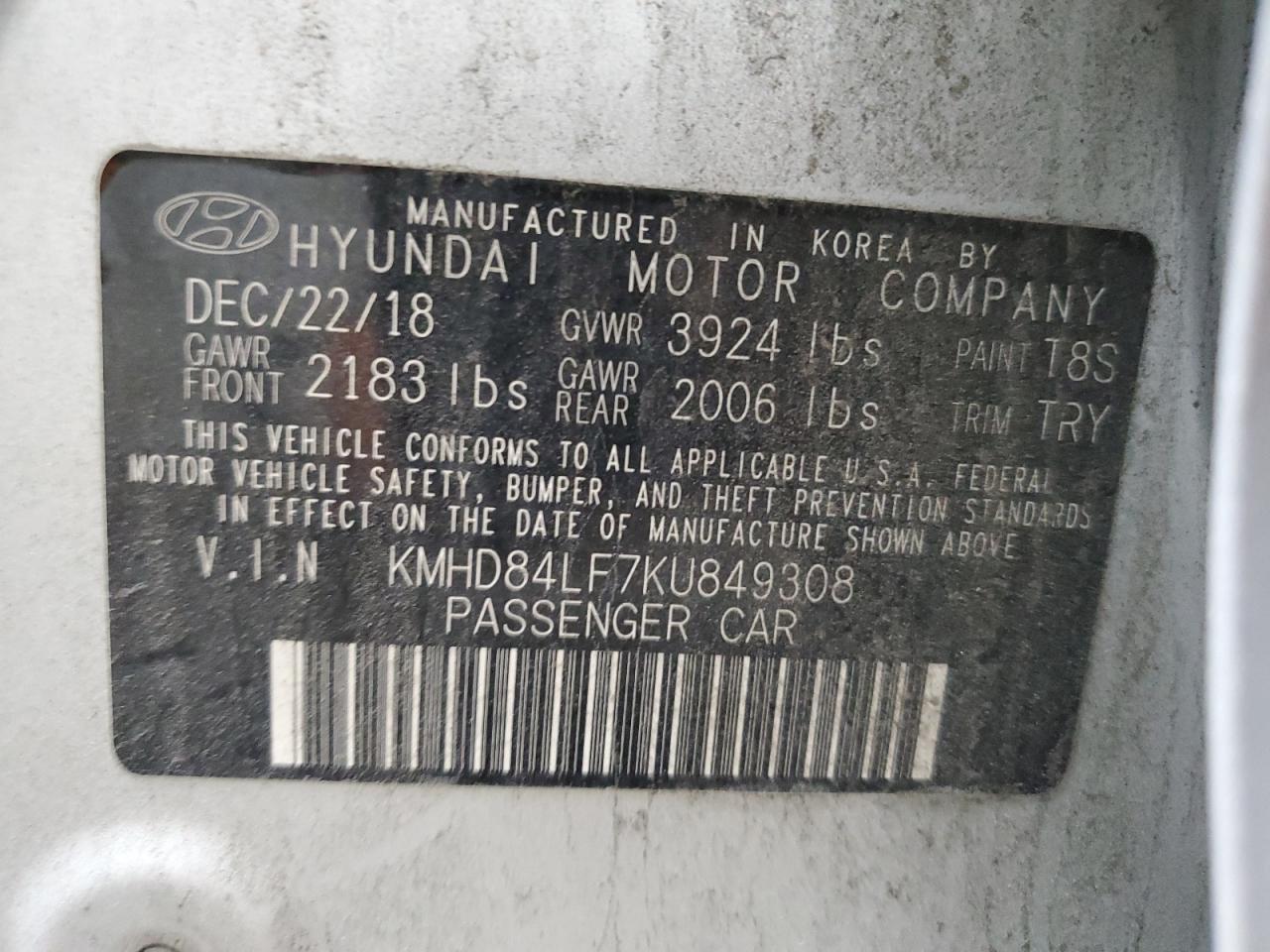 2019 Hyundai Elantra VIN KMHD84LF7KU849308 Copart auction photo, front end damage thumbnail 12