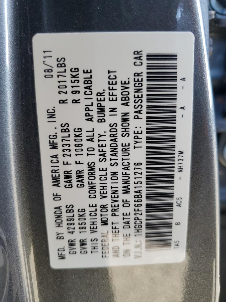 2011 Honda Accord VIN 1HGCP2F66BA151276 Copart auction photo, rear end damage thumbnail 12