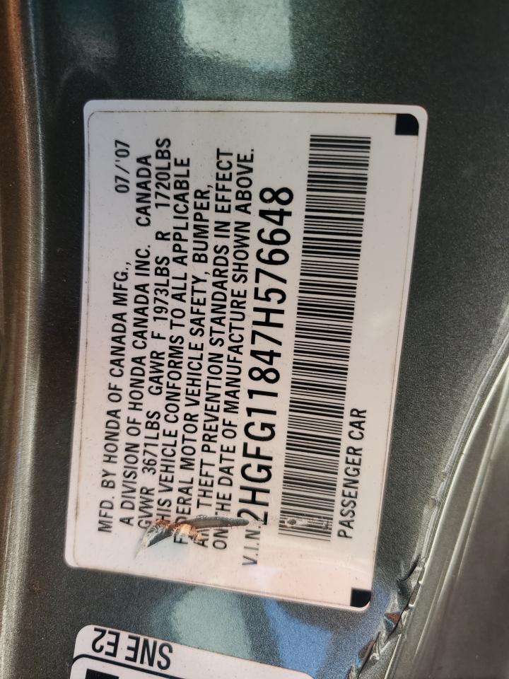 2007 Honda Civic VIN 2HGFG11847H576648 Copart auction photo, side / minor dent/scratches damage thumbnail 12