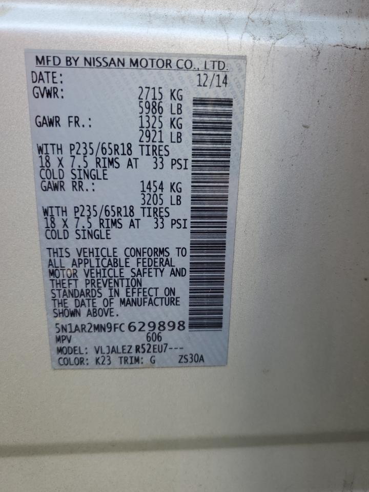 2015 Nissan Pathfinder VIN 5N1AR2MN9FC629898 Copart auction photo, front end damage thumbnail 16