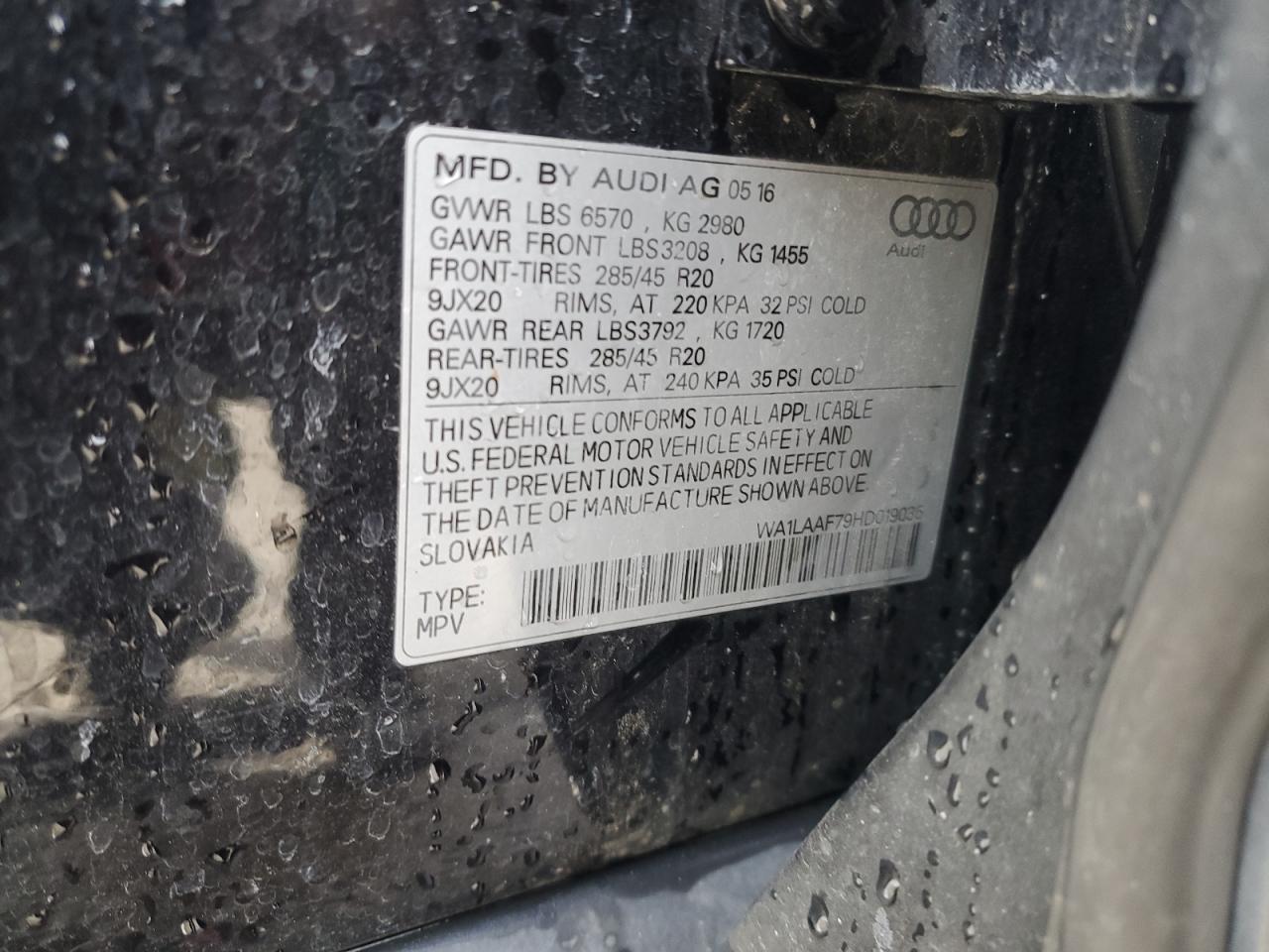 2017 Audi Q7 VIN WA1LAAF79HD019035 Copart auction photo, front end damage thumbnail 14