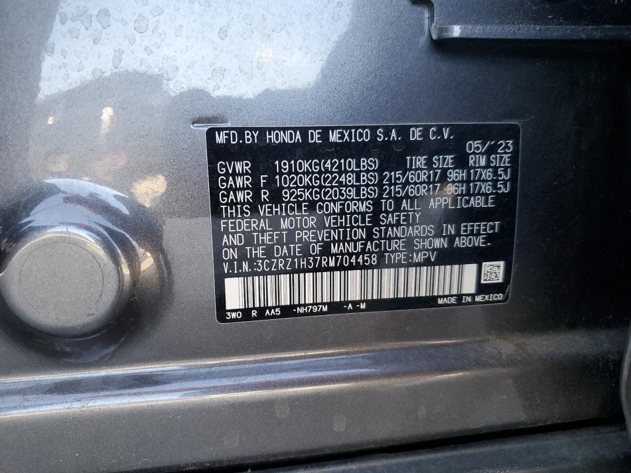 2024 Honda HR-V VIN 3CZRZ1H37RM704458 Copart auction photo, rear end / side damage thumbnail 12