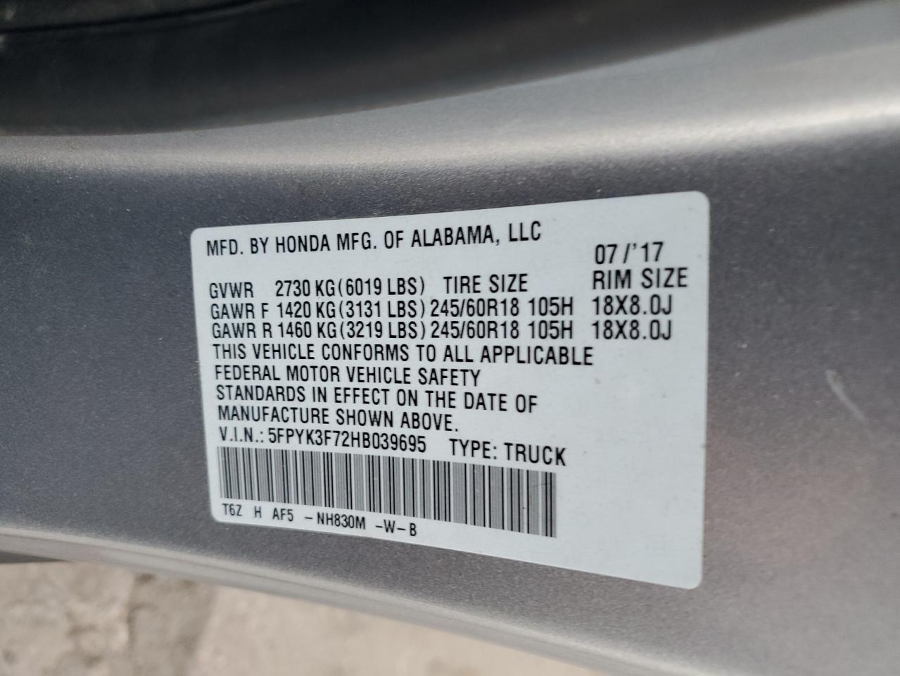 2017 Honda Ridgeline VIN 5FPYK3F72HB039695 Copart auction photo, front end / hail damage thumbnail 14