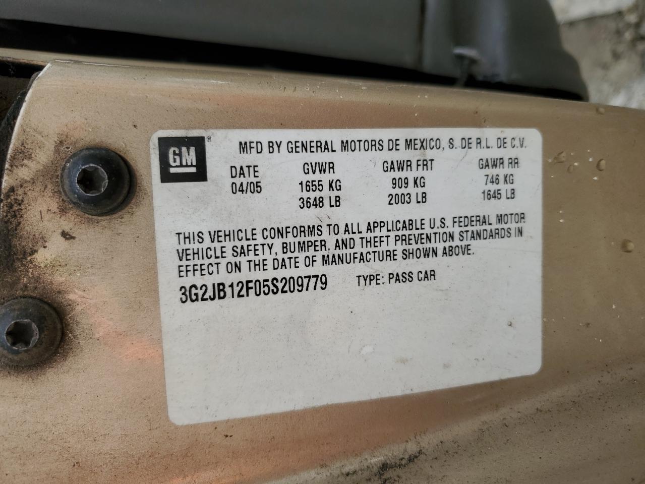 2005 Pontiac Sunfire VIN 3G2JB12F05S209779 Copart auction photo, all over damage thumbnail 12
