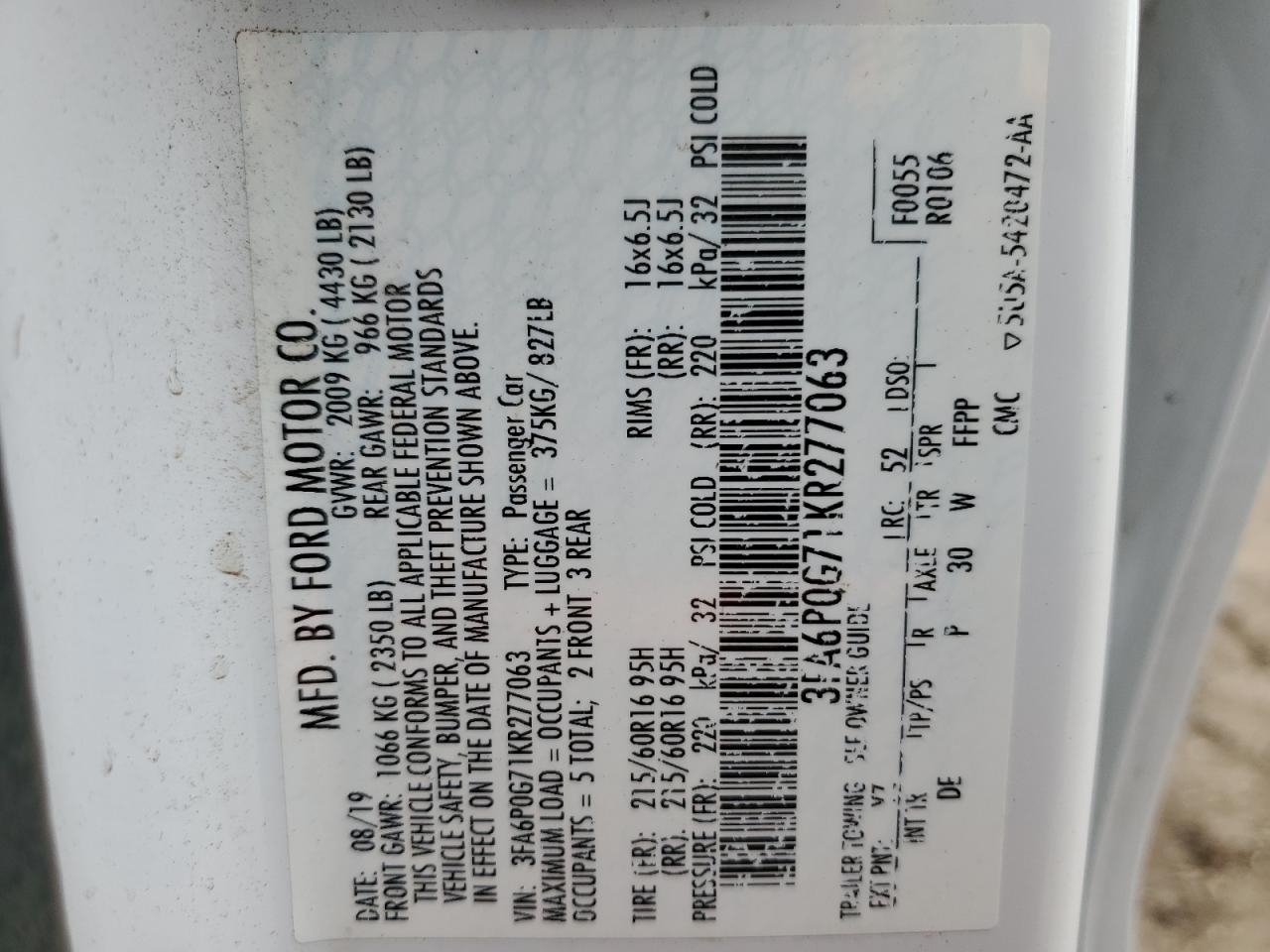 2019 Ford Fusion VIN 3FA6P0G71KR277063 Copart auction photo, front end / rear end damage thumbnail 12