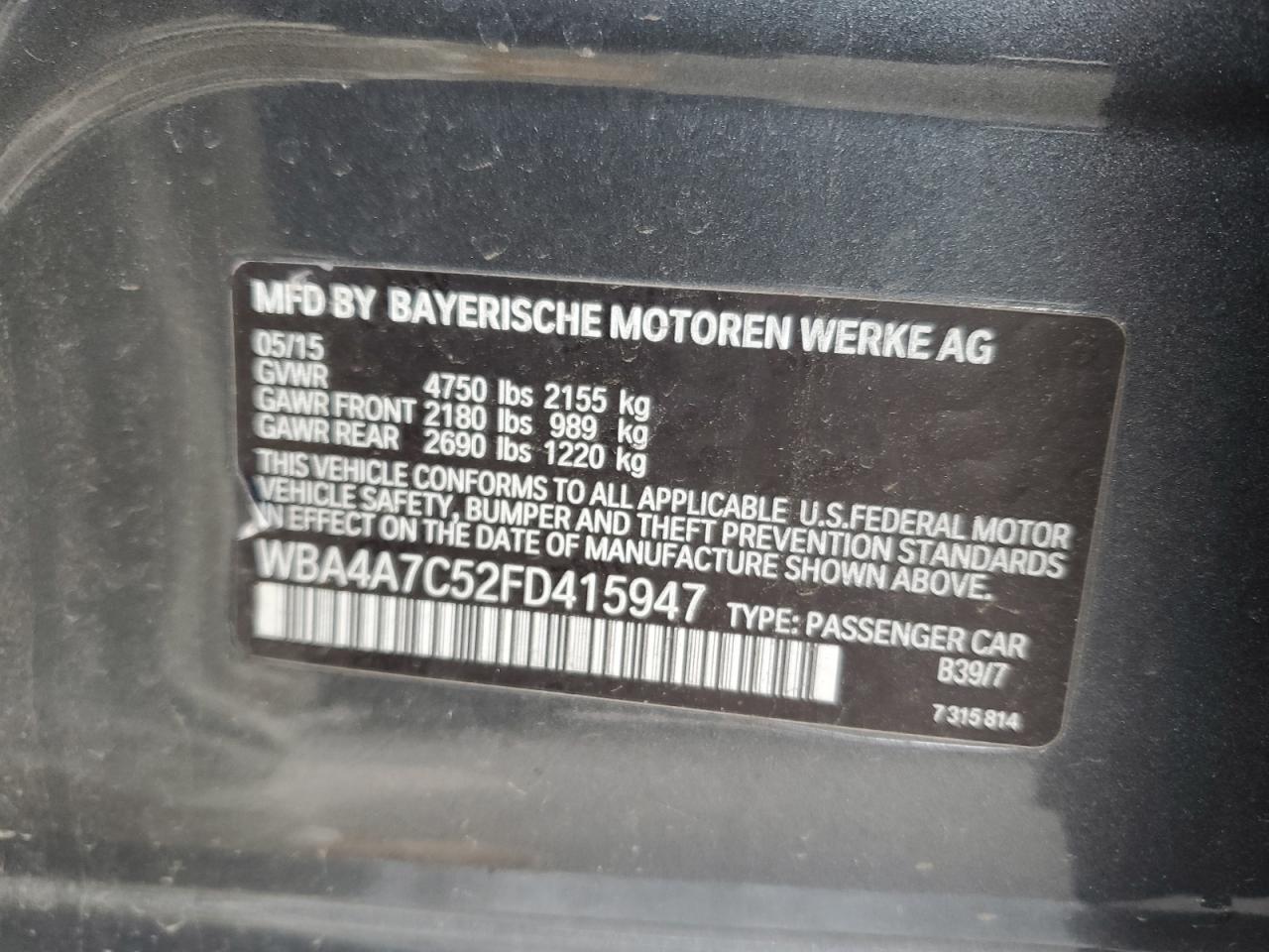 2015 BMW 4er VIN WBA4A7C52FD415947 Copart auction photo, minor dent/scratches damage thumbnail 12