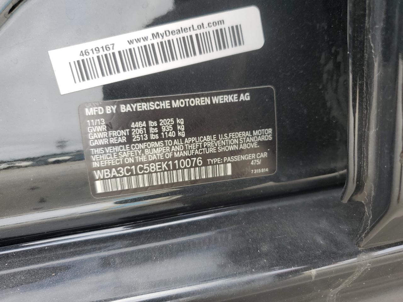 2014 BMW 3er VIN WBA3C1C58EK110076 Copart auction photo, front end / minor dent/scratches damage thumbnail 12