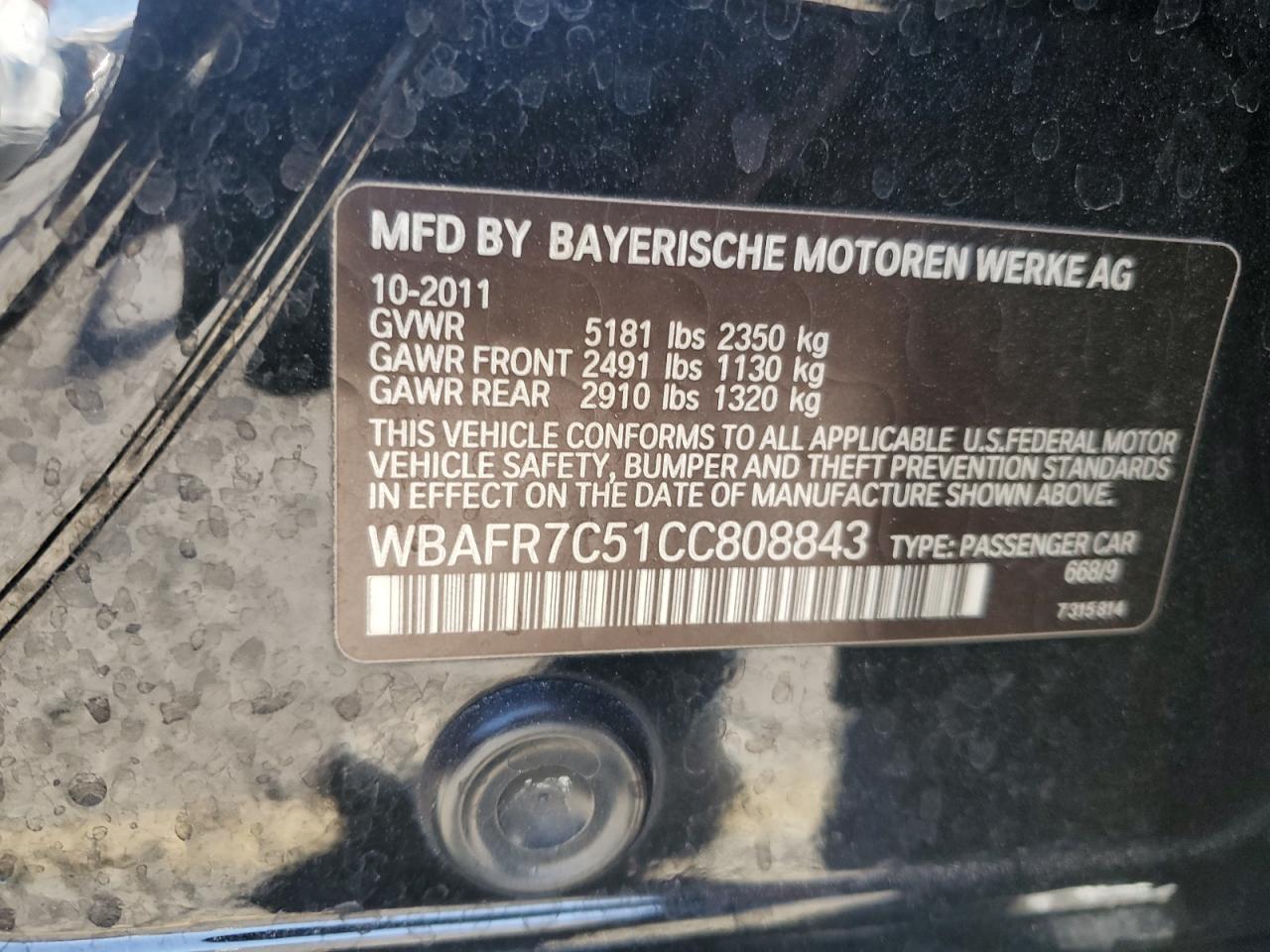 2012 BMW 5er VIN WBAFR7C51CC808843 Copart auction photo, front end damage thumbnail 14