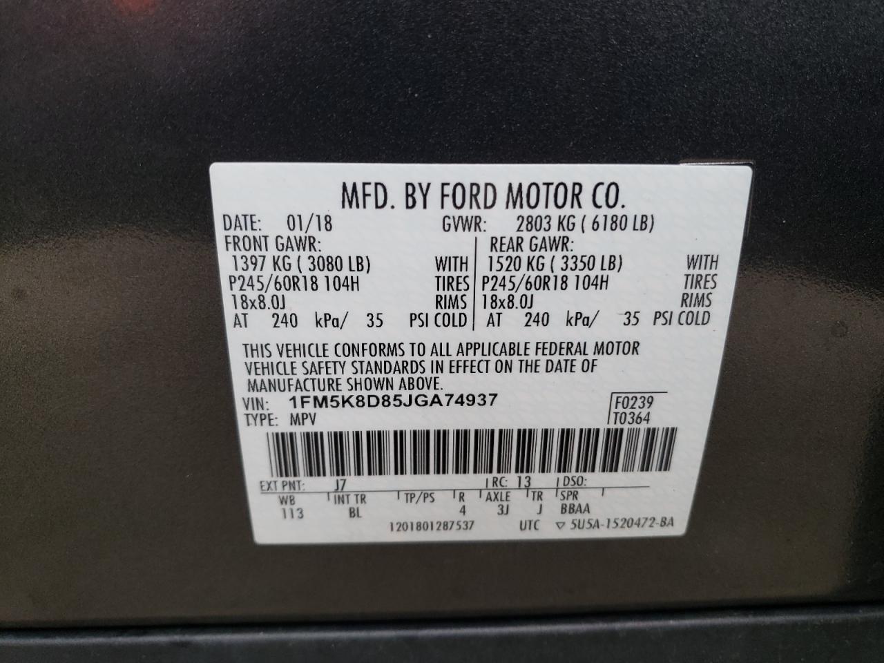 2018 Ford Explorer VIN 1FM5K8D85JGA74937 Copart auction photo, undercarriage / front end damage thumbnail 13