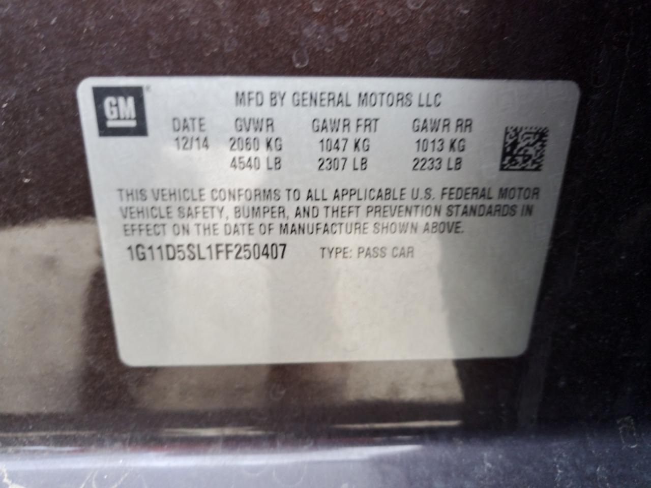 2015 Chevrolet Malibu VIN 1G11D5SL1FF250407 Copart auction photo, all over damage thumbnail 12