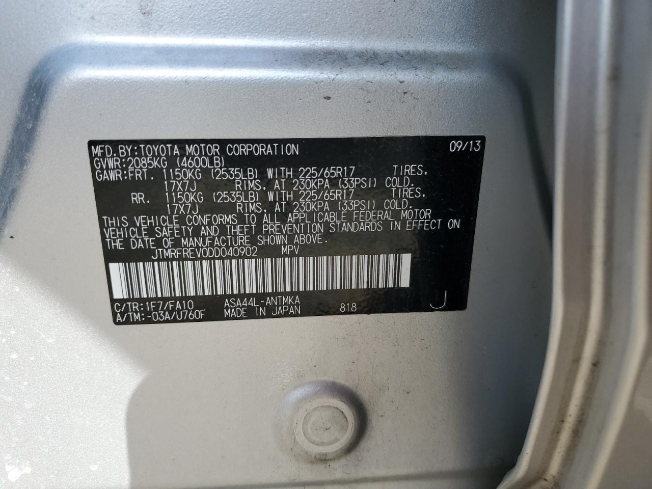 2013 Toyota RAV 4 VIN JTMRFREV0DD040902 Copart auction photo, front end damage thumbnail 13