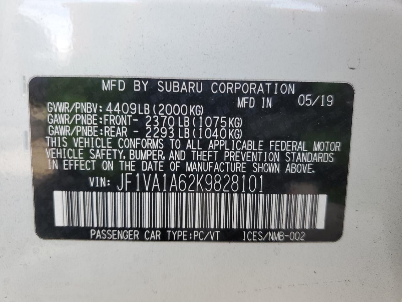 2019 Subaru WRX VIN JF1VA1A62K9828101 Copart auction photo, front end / side damage thumbnail 15
