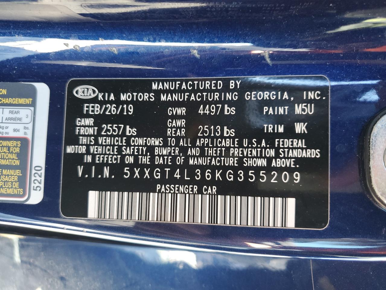 2019 KIA Optima VIN 5XXGT4L36KG355209 Copart auction photo, rear end / minor dent/scratches damage thumbnail 15