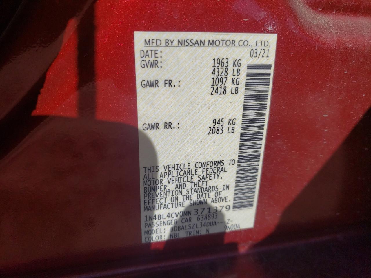 2021 Nissan Altima VIN 1N4BL4CV0MN371379 Copart auction photo, front end / minor dent/scratches damage thumbnail 12