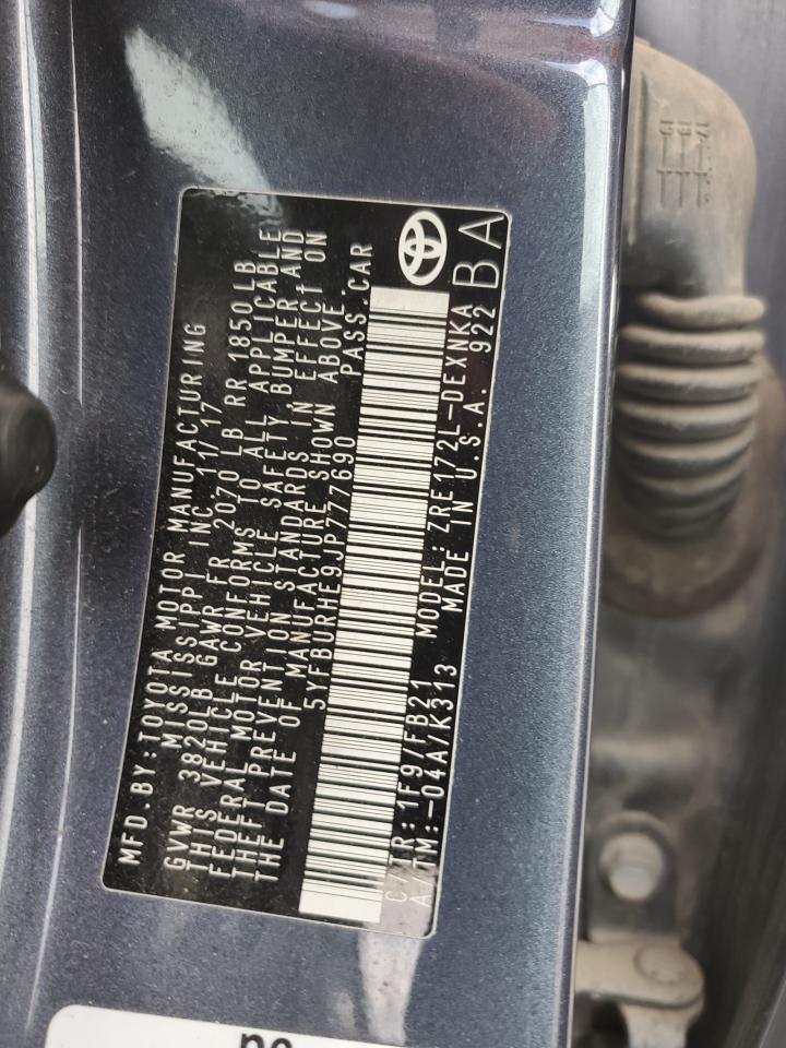 2018 Toyota Corolla VIN 5YFBURHE9JP777690 Copart auction photo, front end / rear end damage thumbnail 12