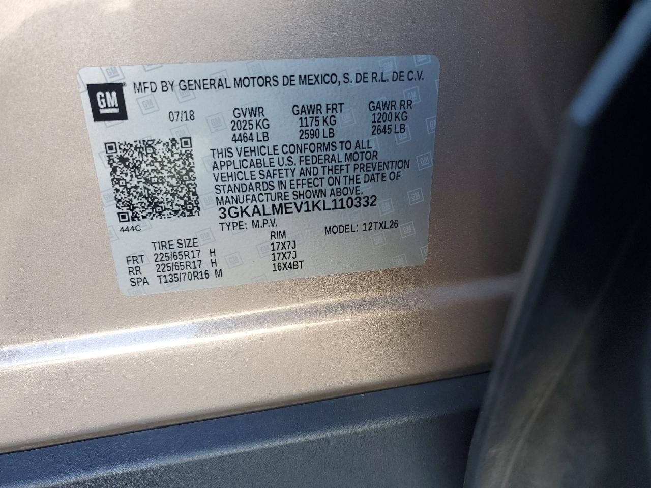 2019 GMC Terrain VIN 3GKALMEV1KL110332 Copart auction photo, rear end damage thumbnail 16
