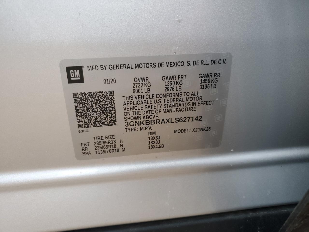 2020 Chevrolet Blazer VIN 3GNKBBRAXLS627142 Copart auction photo, rear end / minor dent/scratches damage thumbnail 12