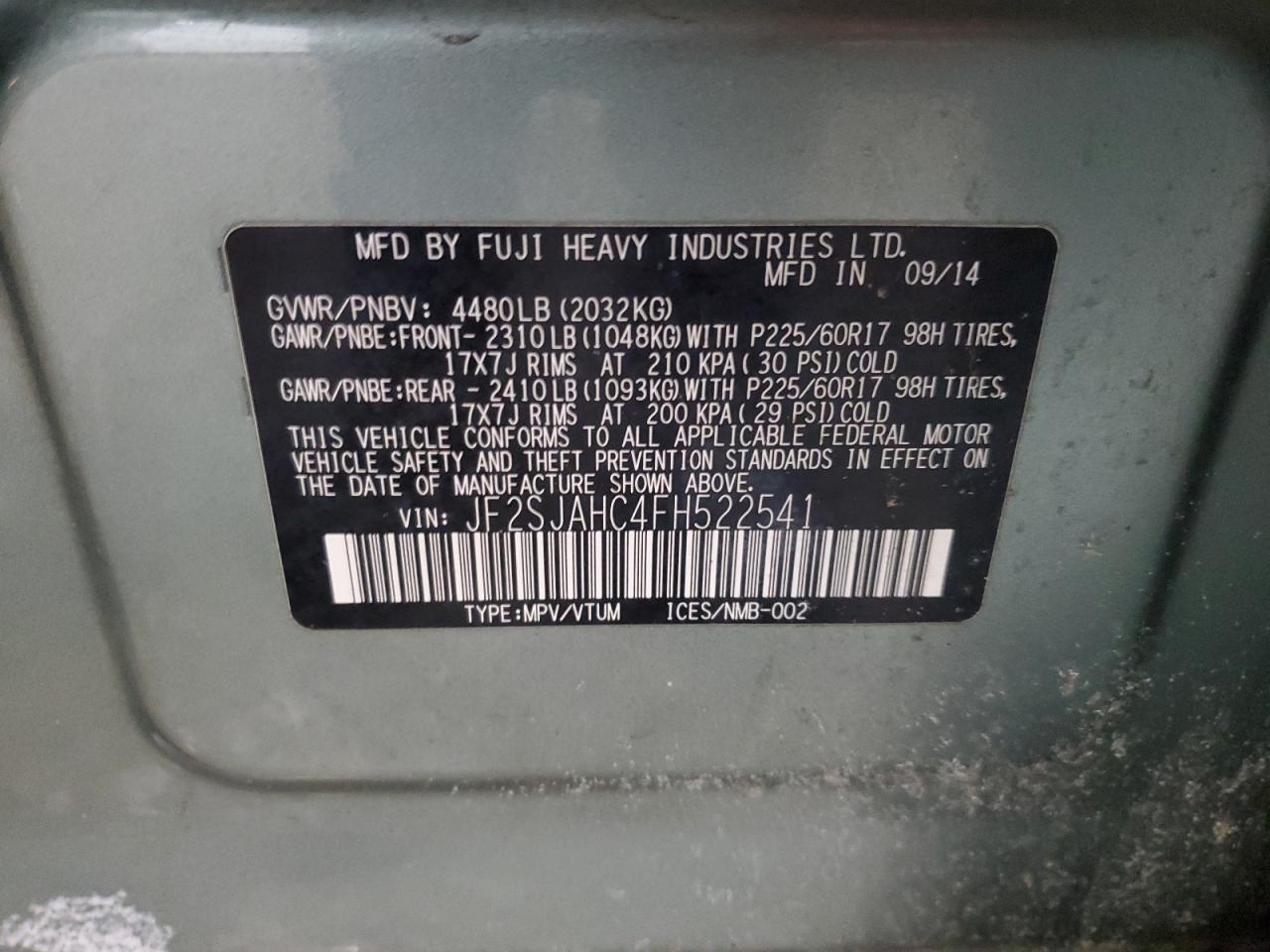 2015 Subaru Forester VIN JF2SJAHC4FH522541 Copart auction photo, front end damage thumbnail 16