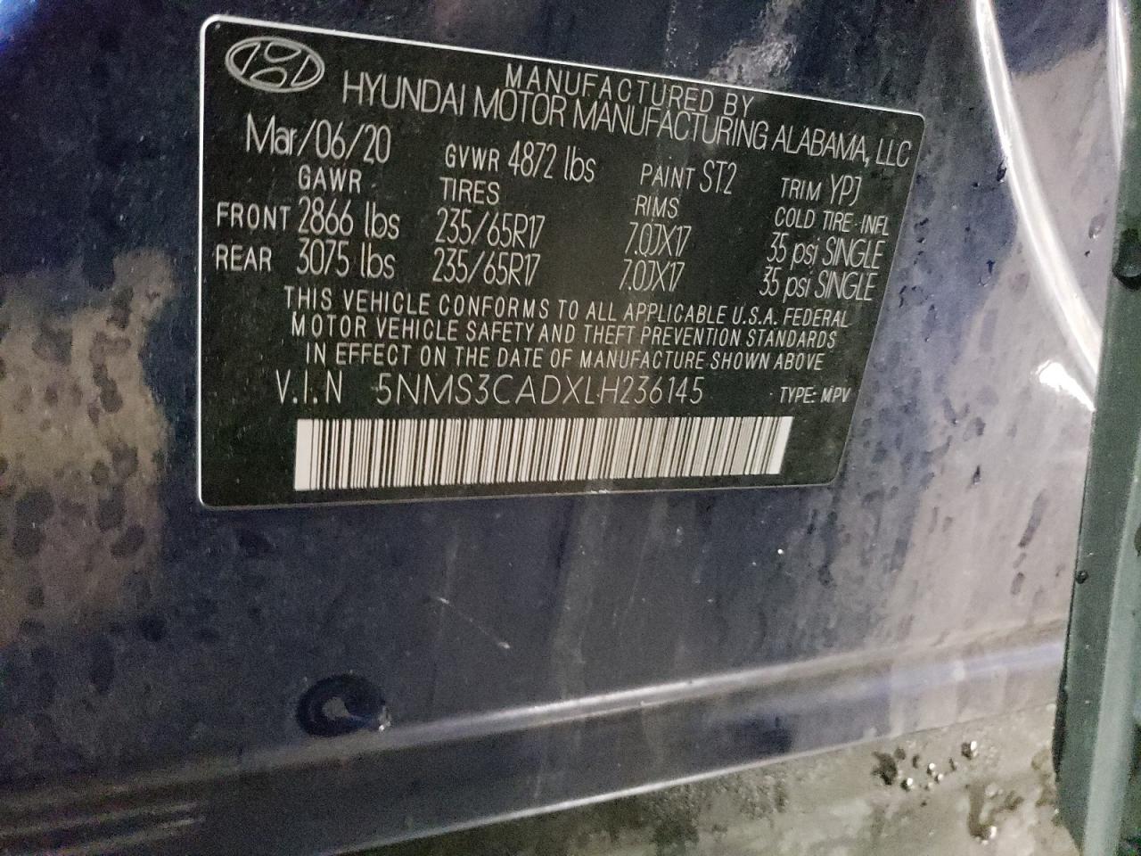 2020 Hyundai Santa Fe VIN 5NMS3CADXLH236145 Copart auction photo, front end damage thumbnail 12