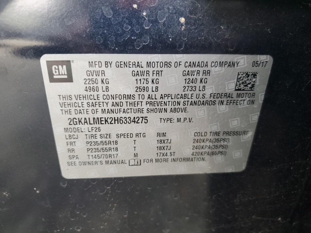 2017 GMC Terrain VIN 2GKALMEK2H6334275 Copart auction photo, front end damage thumbnail 13