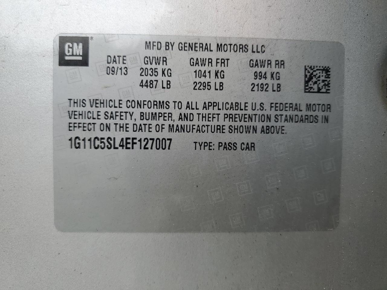2014 Chevrolet Malibu VIN 1G11C5SL4EF127007 Copart auction photo, minor dent/scratches damage thumbnail 12