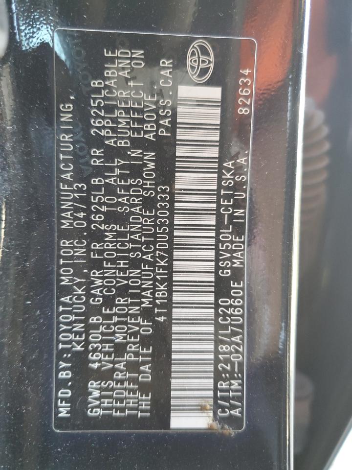 2013 Toyota Camry VIN 4T1BK1FK7DU530333 Copart auction photo, side damage thumbnail 12