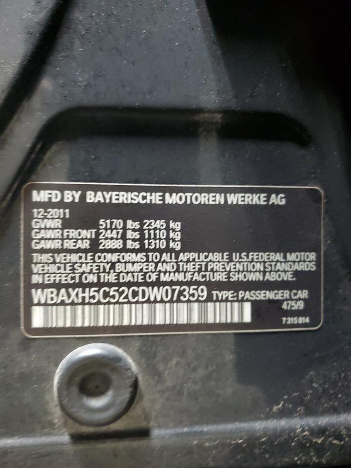 2012 BMW 5er VIN WBAXH5C52CDW07359 Copart auction photo, mechanical damage thumbnail 12