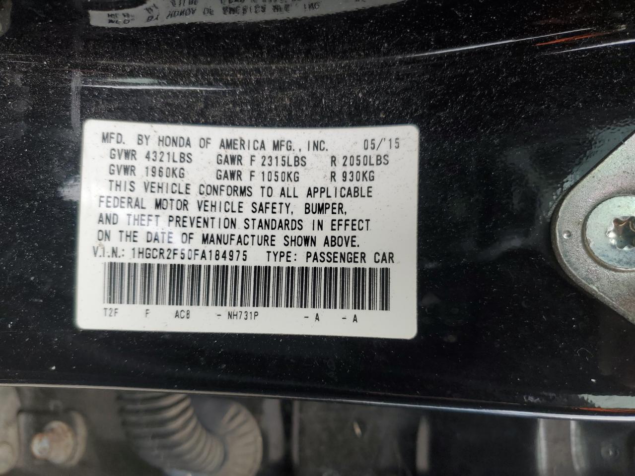 2015 Honda Accord VIN 1HGCR2F50FA184975 Copart auction photo, top/roof damage thumbnail 13