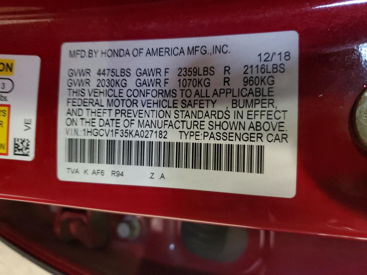 2019 Honda Accord VIN 1HGCV1F35KA027182 Copart auction photo, front end damage thumbnail 14