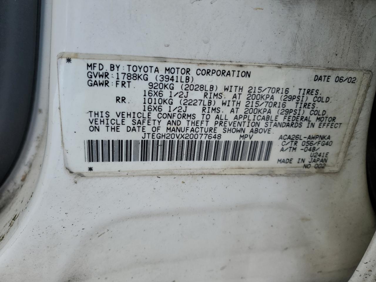 2002 Toyota RAV 4 VIN JTEGH20VX20077648 Copart auction photo, front end / rear end damage thumbnail 13