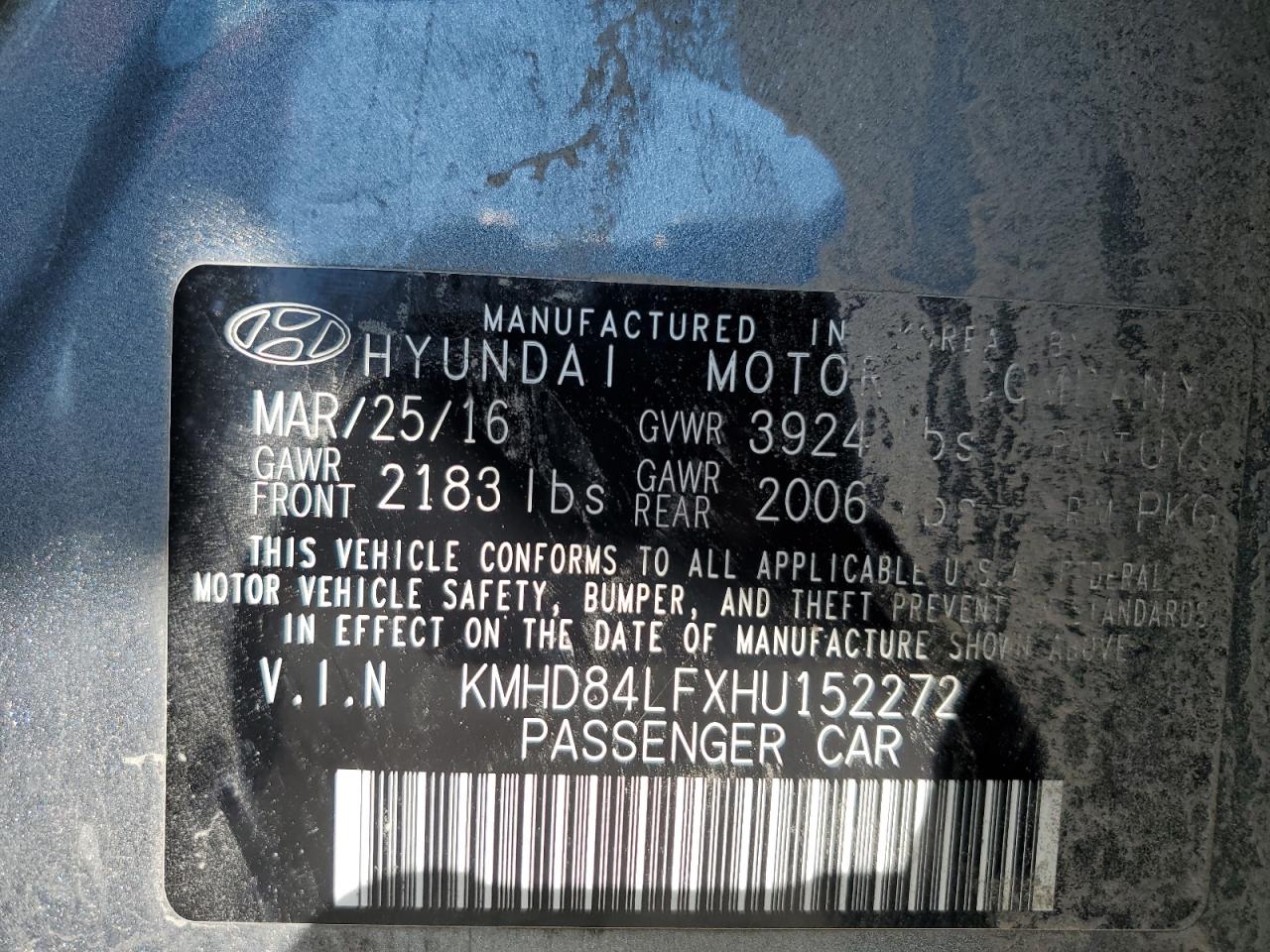 2017 Hyundai Elantra VIN KMHD84LFXHU152272 Copart auction photo, all over damage thumbnail 14