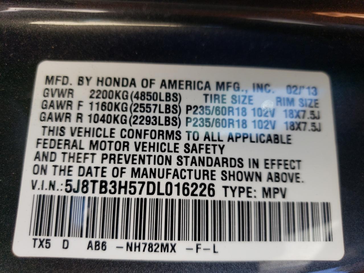 2013 Acura RDX VIN 5J8TB3H57DL016226 Copart auction photo, front end / side damage thumbnail 16