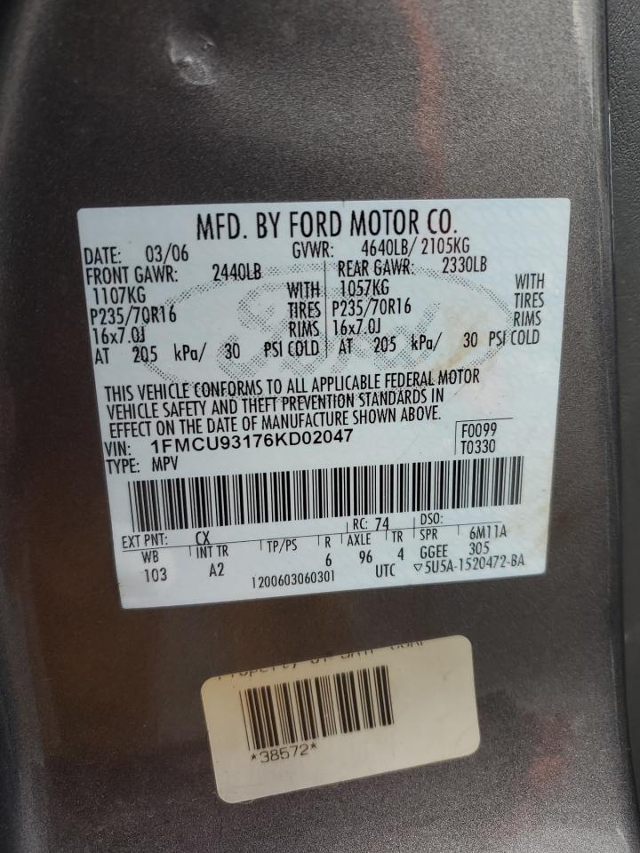 2006 Ford Escape VIN 1FMCU93176KD02047 Copart auction photo, front end / undercarriage damage thumbnail 15