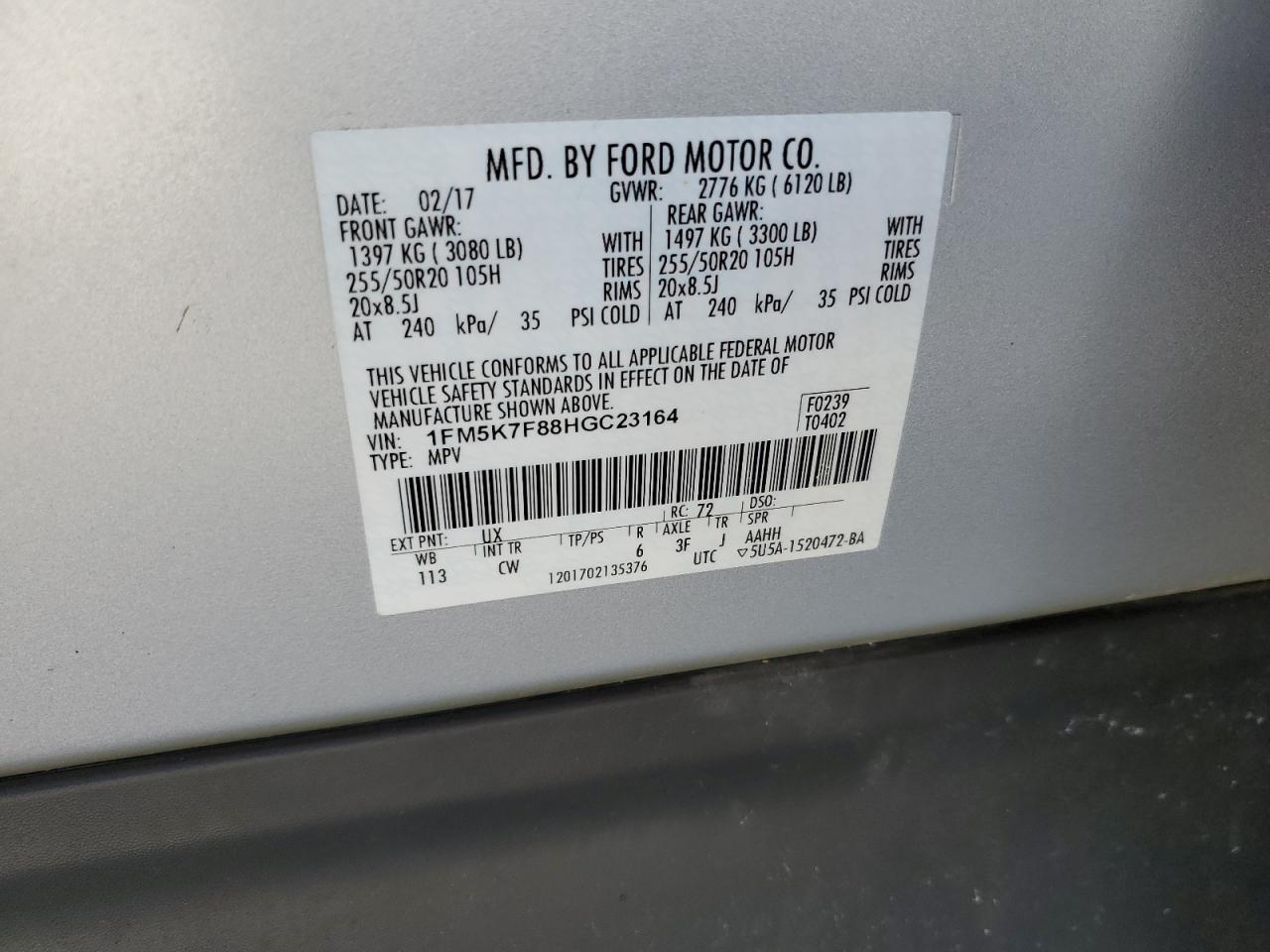 2017 Ford Explorer VIN 1FM5K7F88HGC23164 Copart auction photo, water/flood damage thumbnail 14