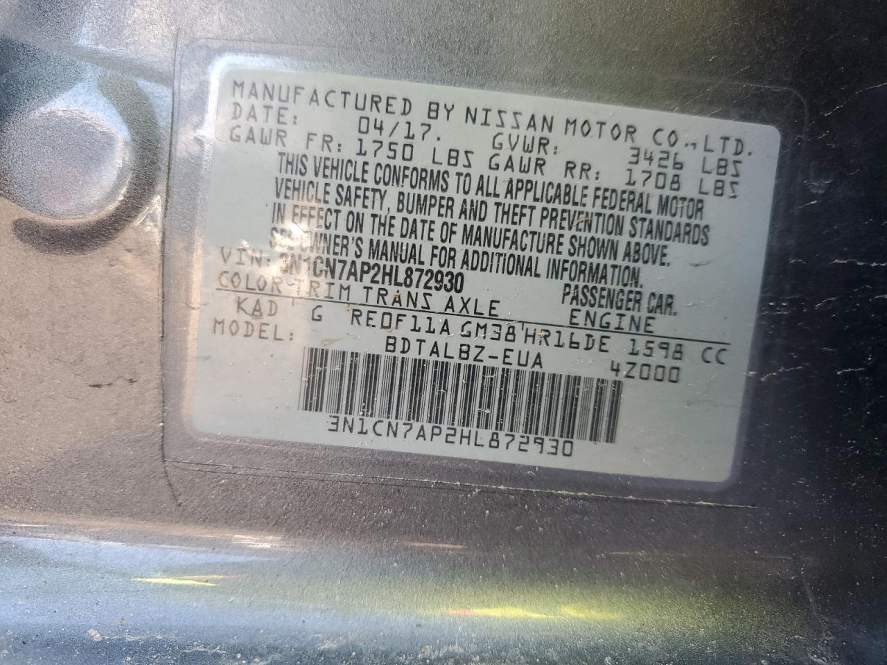 2017 Nissan Versa VIN 3N1CN7AP2HL872930 Copart auction photo, front end / side damage thumbnail 12