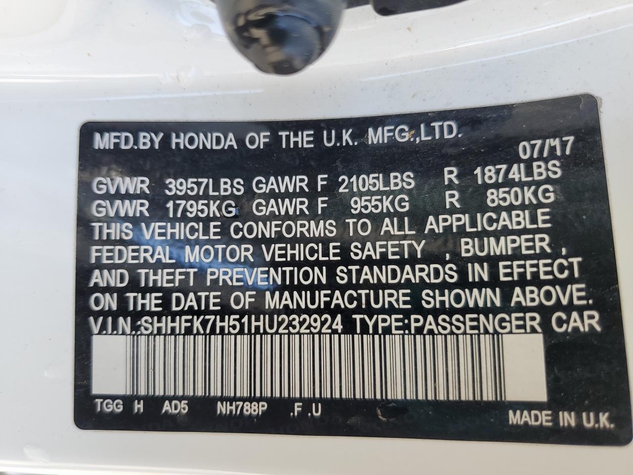 2017 Honda Civic VIN SHHFK7H51HU232924 Copart auction photo, rollover damage thumbnail 12