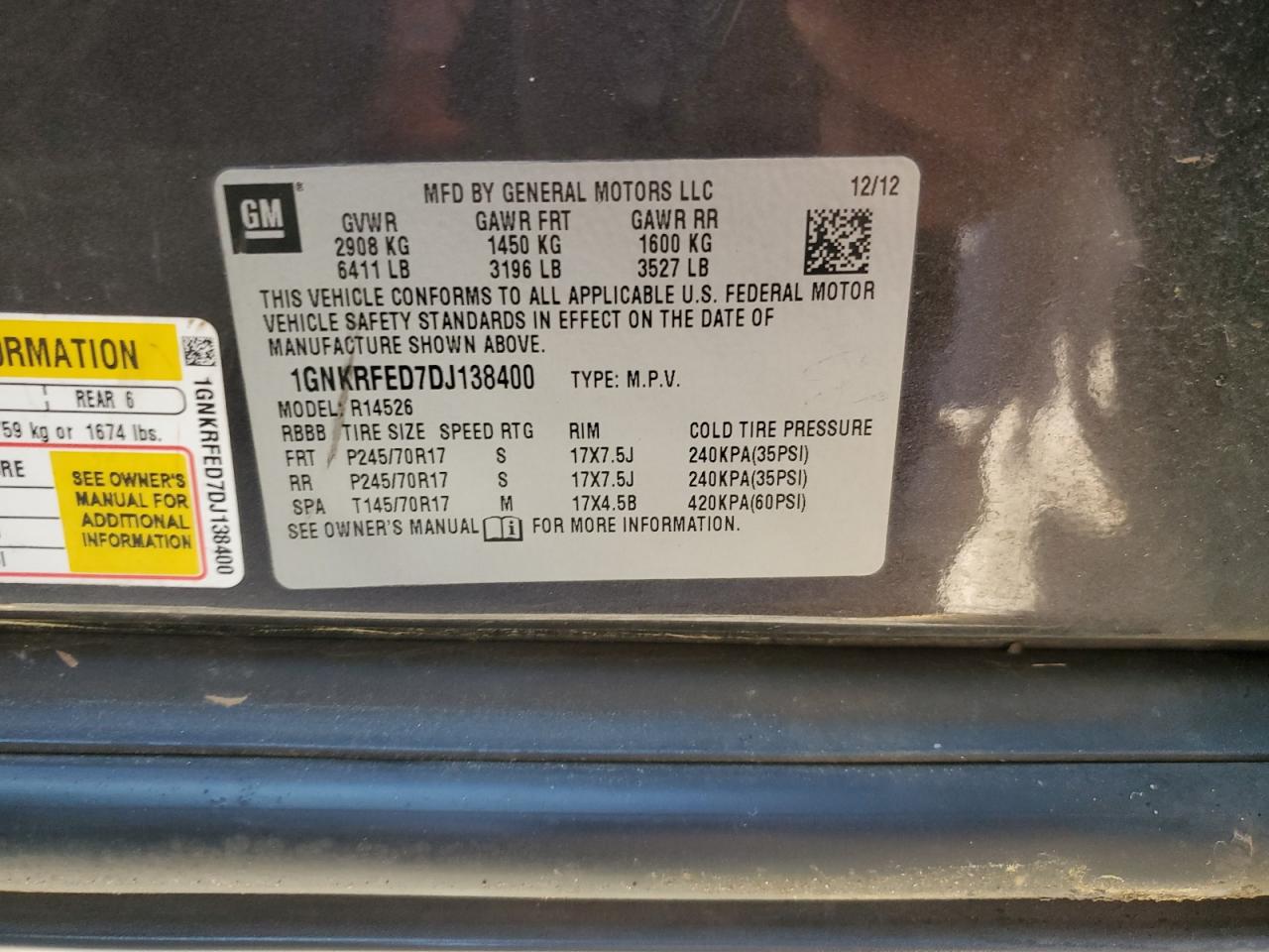2013 Chevrolet Traverse VIN 1GNKRFED7DJ138400 Copart auction photo, front end damage thumbnail 14